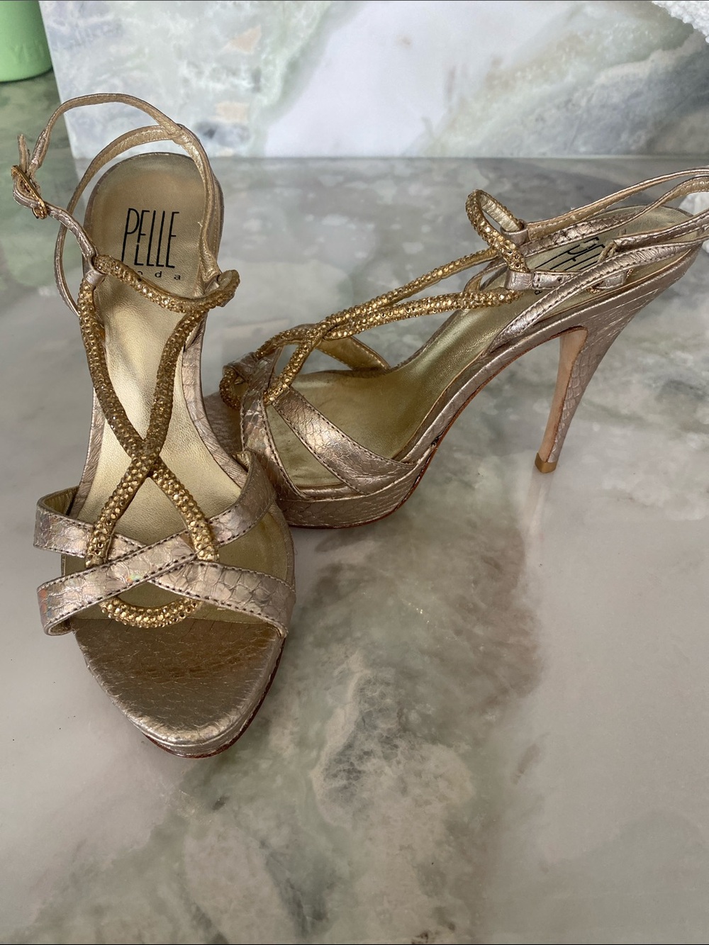 Pelle Moda Metallic Gold Strappy High Heel Sandals Size 6